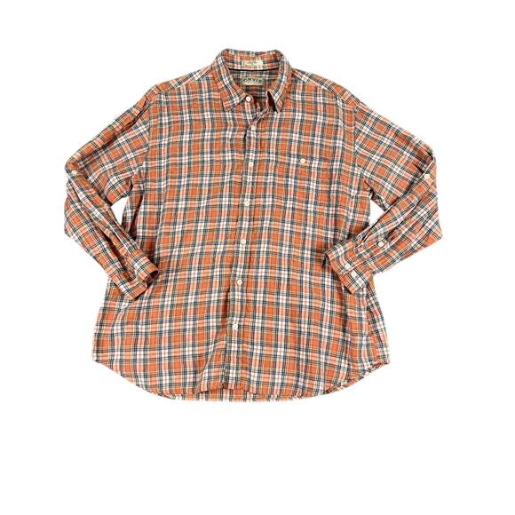 Orvis Men's Orange Navy Plaid Long Sleeve Linen Shirt Size XXL - Picture 1 of 10